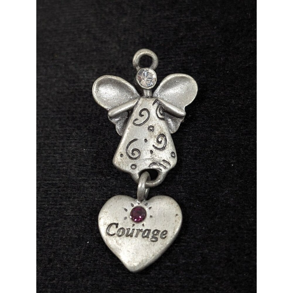 Vtg Gloria Duchin Pewter Angel Courage Charm Brooch‎ Pin Pink Birhtstone